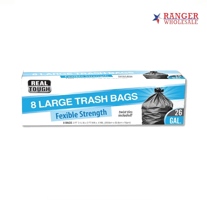 8 LARGE TRASH BAGS FLEXIABLE STRENGTH 26GAL  - REAL TOUGH