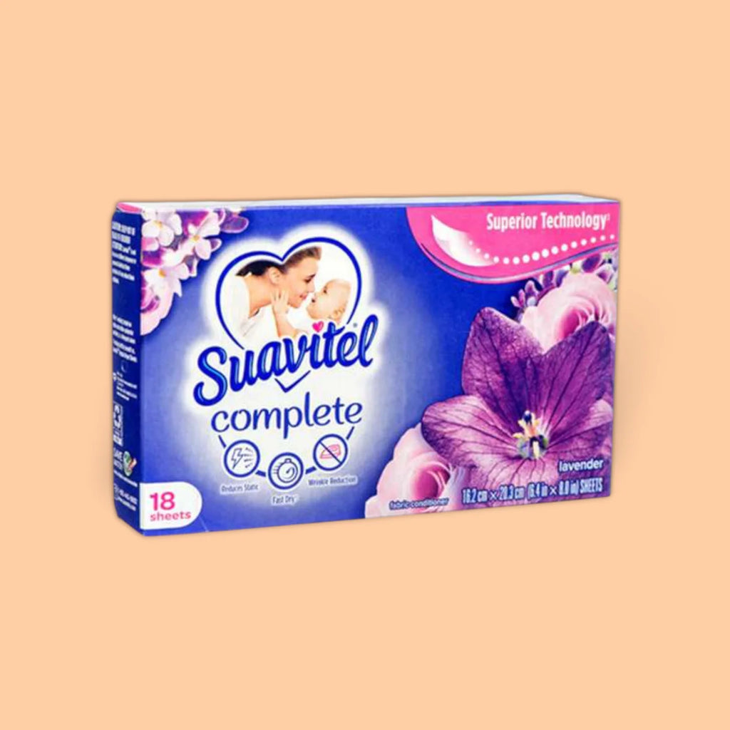 SUAVITEL COMPLETE FABRIC SOFTENER DRYER SHEETS LAVENDER 18 SHEETS