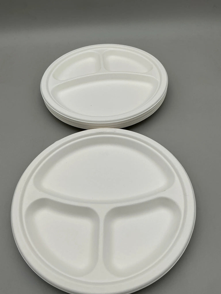10" WHITE BAGASSE 3 COMPARTMENT ROUND PLATE - ROYAL