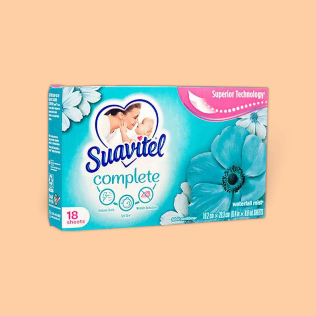 SUAVITEL COMPLETE FABRIC SOFTENER DRYER SHEETS WATERFALL MIST 18 SHEETS