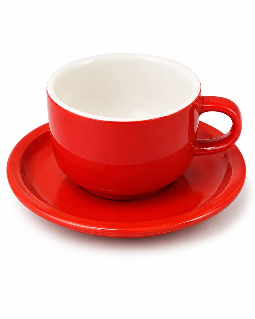 RED CERAMIC CUP AND SAUCER SET , IDEAL